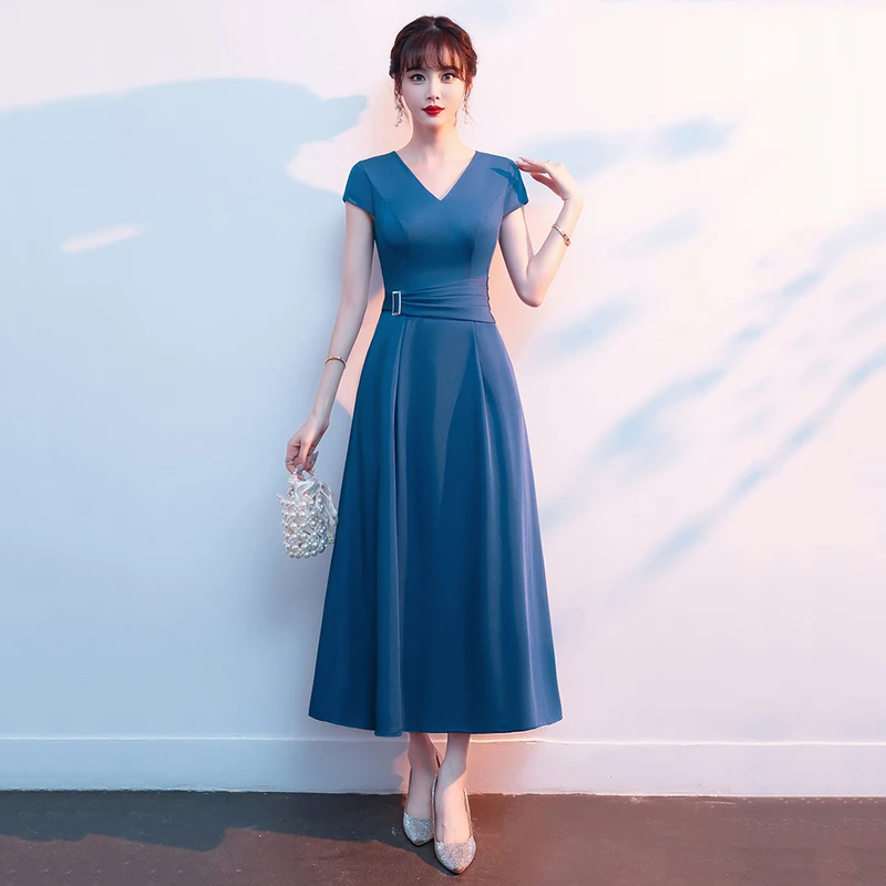 

Evening Dress Simple Blue Jersey V-neck Short Sleeves Zipper Back A-line Ankle-length Plus size Women Party Dresses 2022 C1763