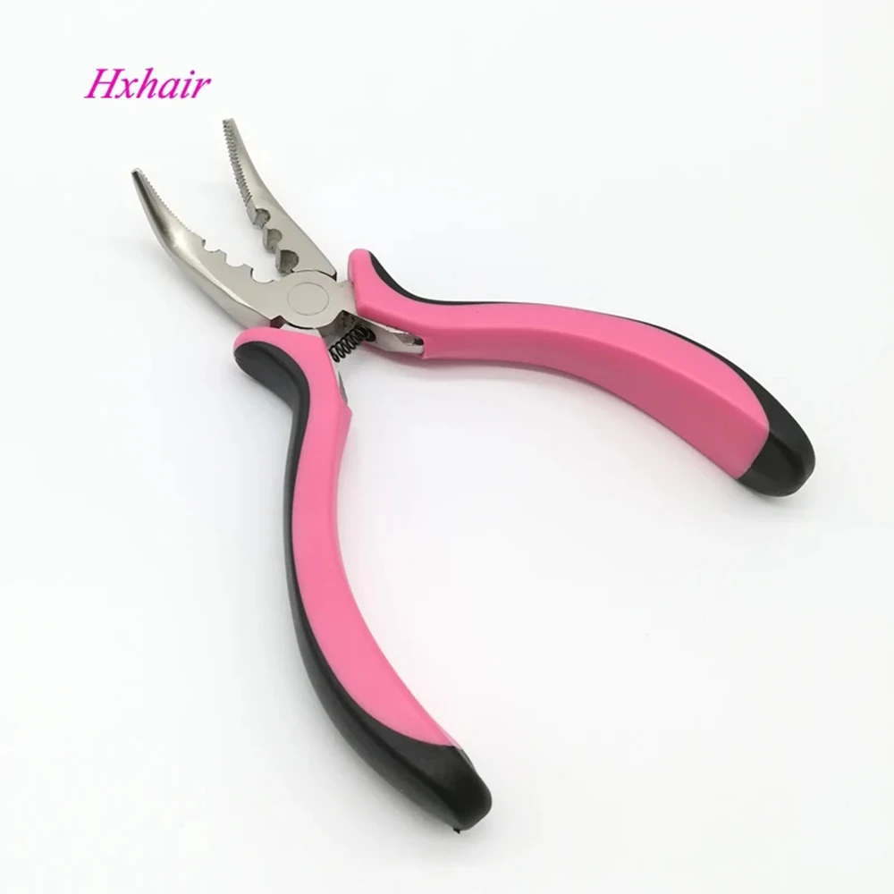 Hair Extension Pliers Pink Curved Head with Teeth and 3 Holes
