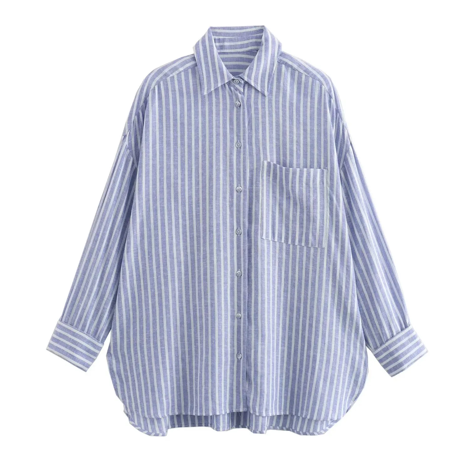 thumbnail image 1 of HH TRAF Camisa de moda para mujer, con bolsillos, rayas, cuello vuelto, manga larga, blusa femenina de verano versátil de un solo pecho para mujer, 1 of 5
