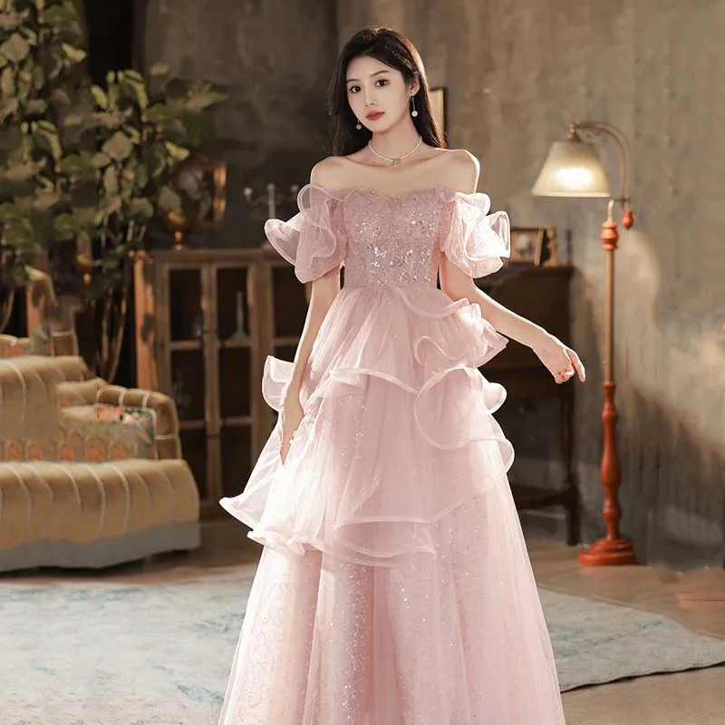 

Elegant Pink Off Shoulder Formal Tulle Evening Prom Party Dress Women Sparkly Exquisite Sequins Party Ball Gown Vestidos