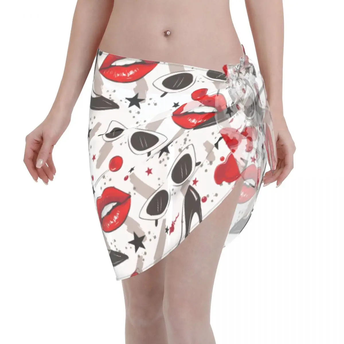 

Sexy Women Red Lipstick And High Heels Perspective Kaftan Sarong Beach Wear Bikini Beach Cover Ups Short Skirt