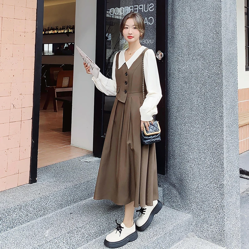 

French Style Vintage Fake 2PCS Splice Pleated Dress for Women 2023 Spring Elegant Chic Long Sleeve Slim Casual Maxi Dresses 6138