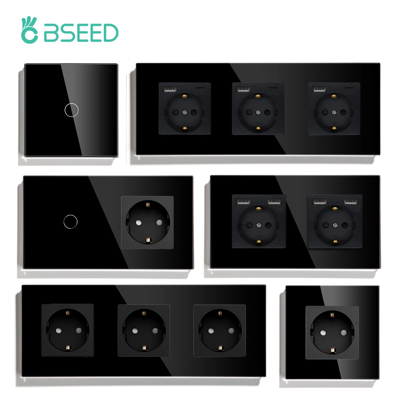 BSEED Touch Light Switch With EU USB Wall Sockets Black Wall Led