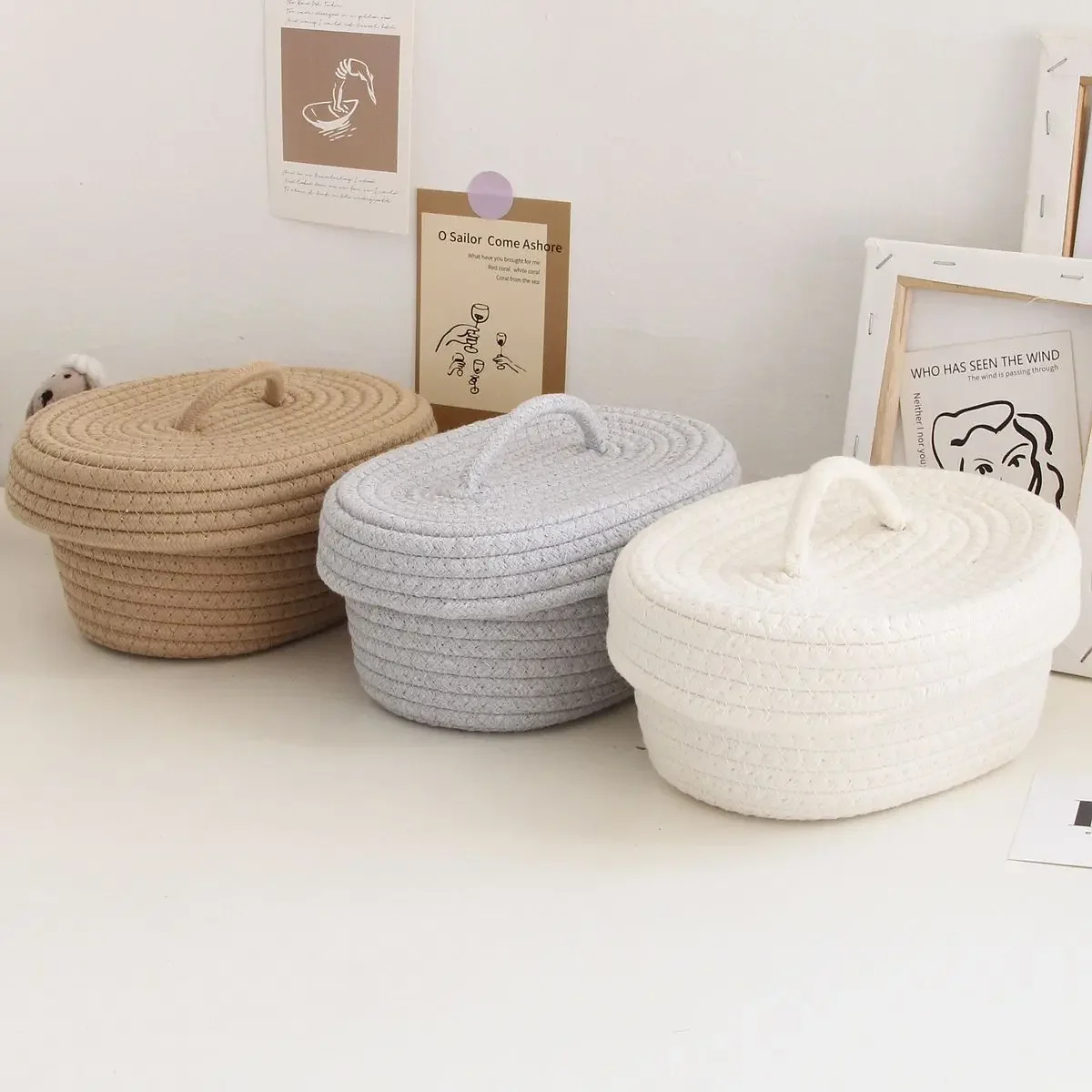 

Cotton Rope Storage Baskets With Cover Solid Color Organizer Desktop Storage For Remote Control Toy Key Gadgets Cosmetics