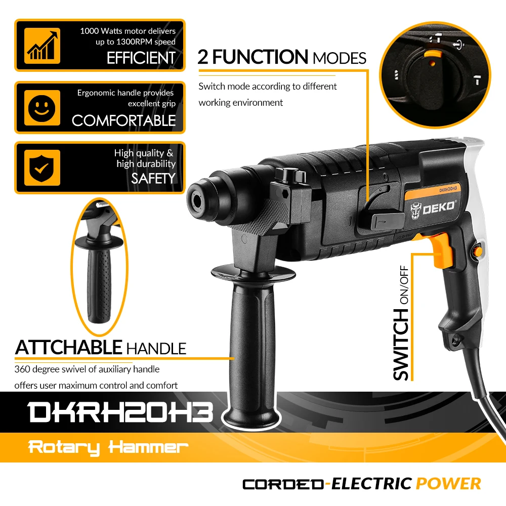 DEKO Multifunctional Rotary Hammer Electric Demolition Hammer Impact Drill With 6pcs Accessories For GJ181/DKRH20H3/DKRH26H2 electric hammer drill,electric jackhammer