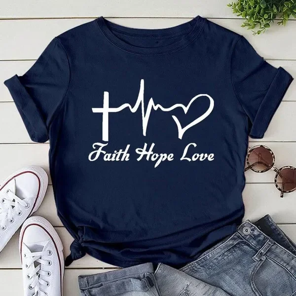 

Funny Faith Hope Love Print T-Shirt Women Casual Short Sleeve Round Neck T Shirts Fashion Loose Tops