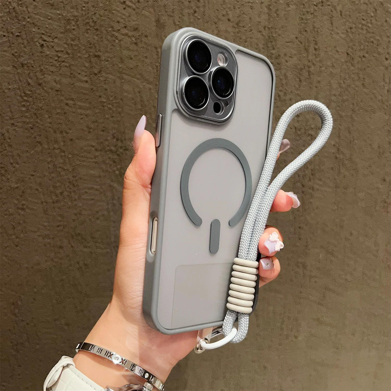 Magnetic Lanyard Wrist Strap Case with Shockproof Matte Bumper Cover and Clear Magsafe Design