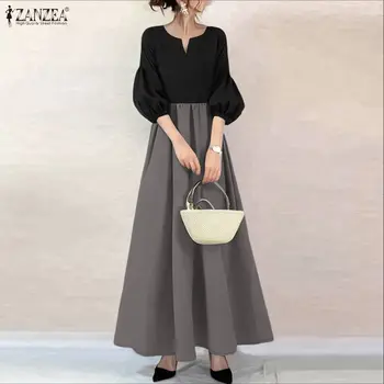 ZANZEA Korean Style Contrast-Color Long Dresses Women's V-Neck Lantern Sleeve Maxi Dress Elegant High Waist A-Line Robes Femme 1