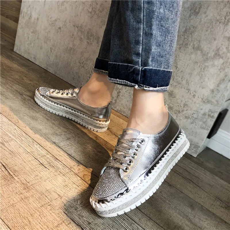 Lucyever Women Crystal Flat Shoes Autumn Fashion Bing Lace Up Ladies Casual Shoes Comfortable Round Toe Platform Sneakers