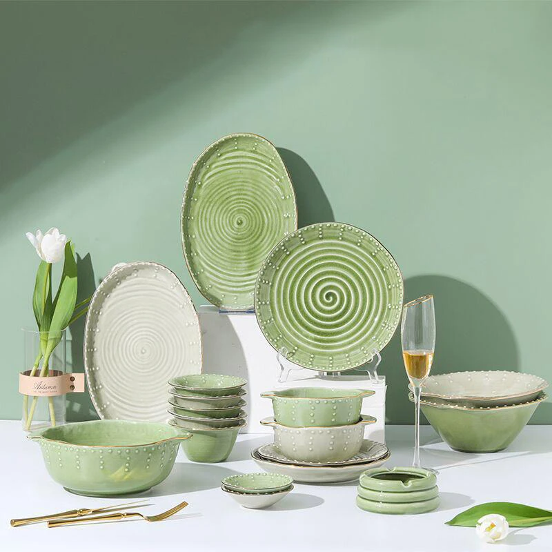 Green Crockery Utensils Nordic Dinner Plate Set Binaural Soup Bowl 9