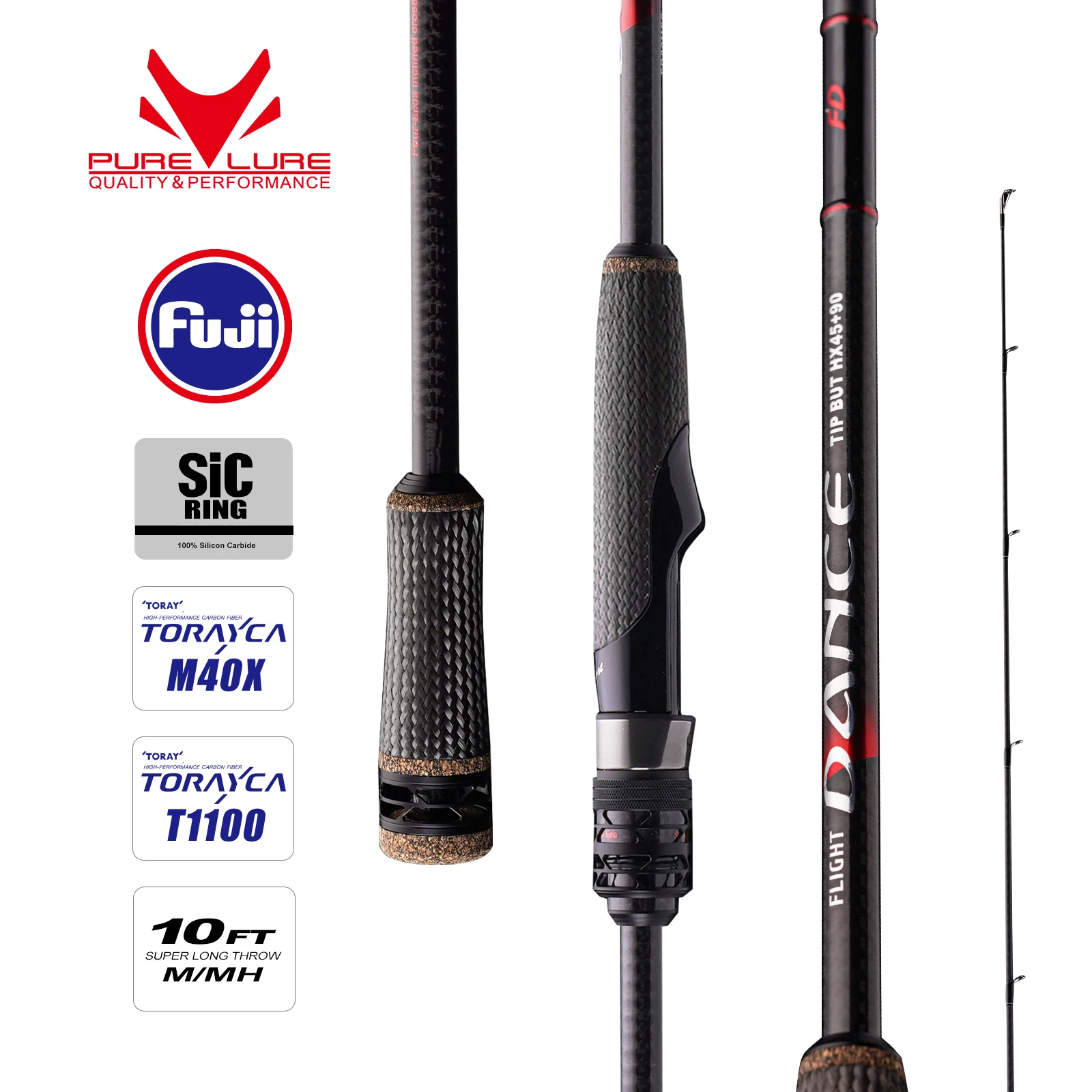 Canne spinning Purelure New Dance 10ft carbone haute pour bar, long lancer avec accessoires Fuji et moulinet