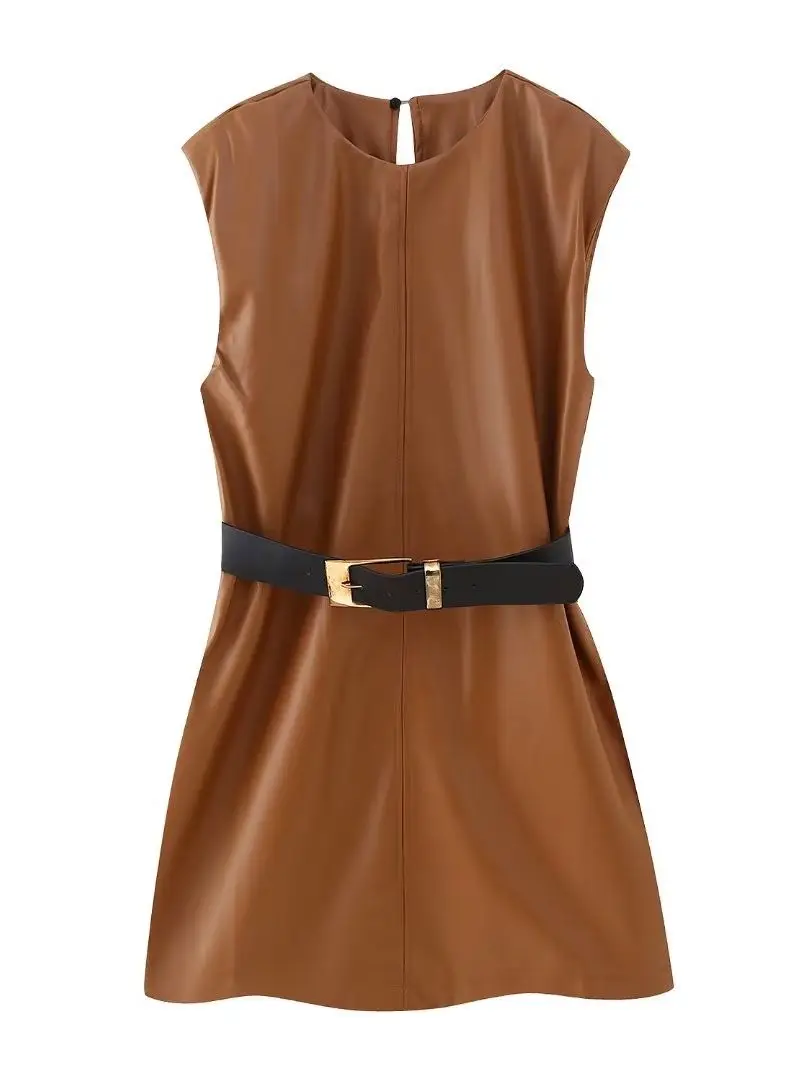 

Женское модное летнее коричневое платье, Клубные кожаные платья-карандаш с поясом, облегающее мини-платье без рукавов с бедрами для женщин