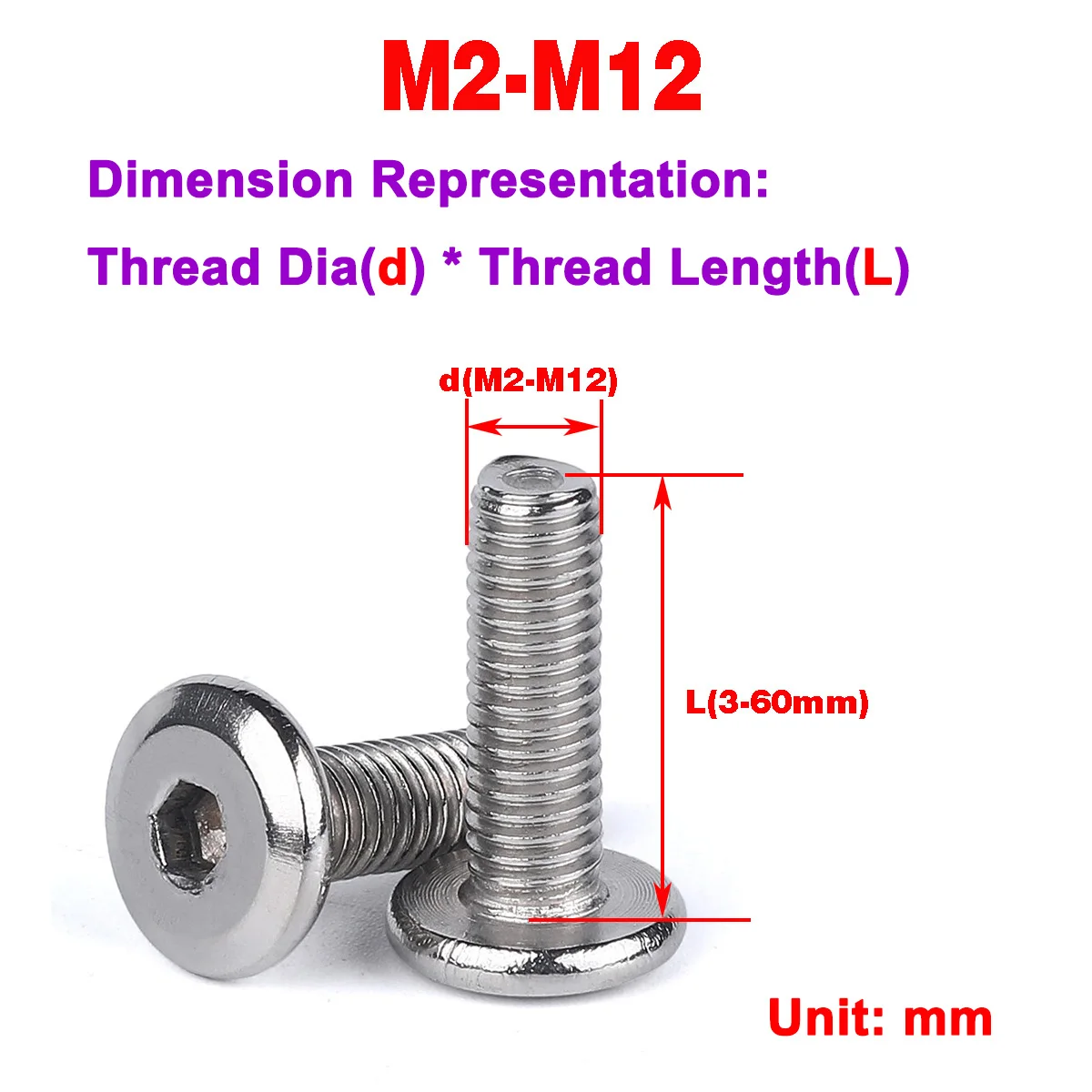 

304 Stainless Steel Silvery / Black Chamfered Hexagonal Flat Head Bolt Crib Accessory M3M5M6M8M10M12