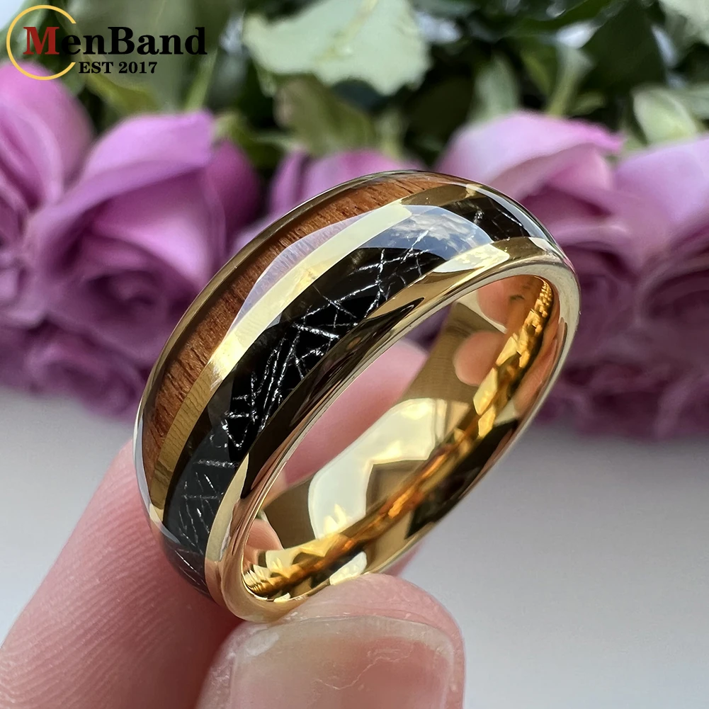 MenBand Fashion Jewelry 8MM Men Women Tungsten Carbide Rings with Koa Wood Black Meteorite Inlay Domed polishing Comfort Fit