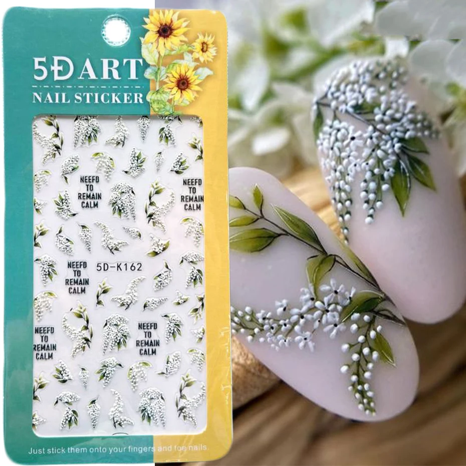 Nail Stickers 5D Embossed Nail Art White Lily of the Valley Tulip Dreamcatcher Gel Polish Wedding Flower Engraved Slider Tips