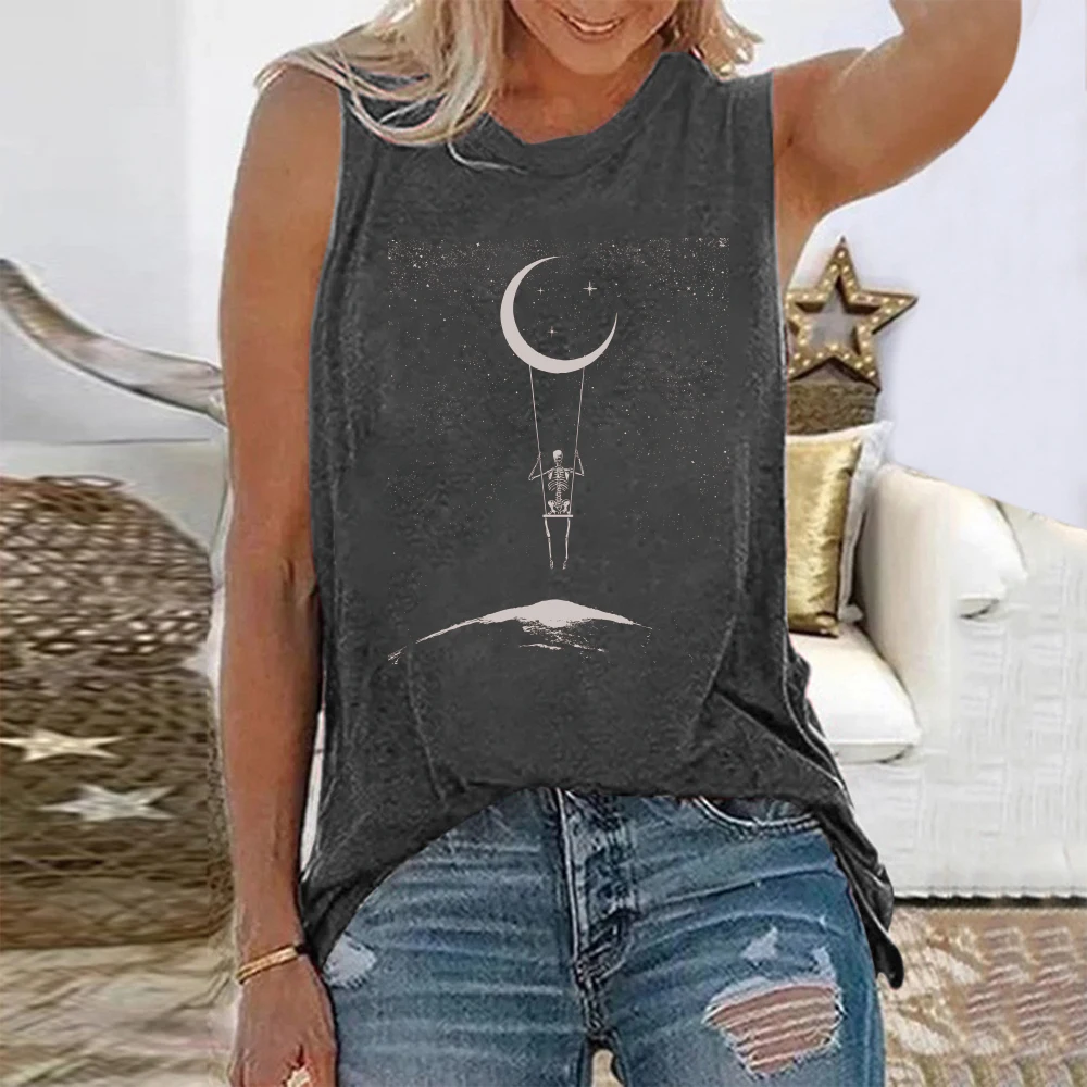 Sleeveless Summer Tee Shirt Skeleton and Moon 1