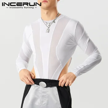 INCERUN 남성 바디수트 메쉬 패치워크 O-넥 긴팔 스키니 롬퍼 티셔츠, 스트리트웨어 2023 투명 남성 바디수트 S-5XL