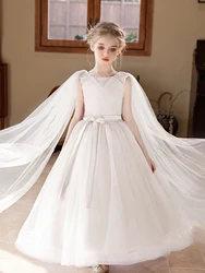 Elegant Purple Tween Girl's Formal Gown with Flowing Veil and Bow Decoration - 10Y (WHITE)