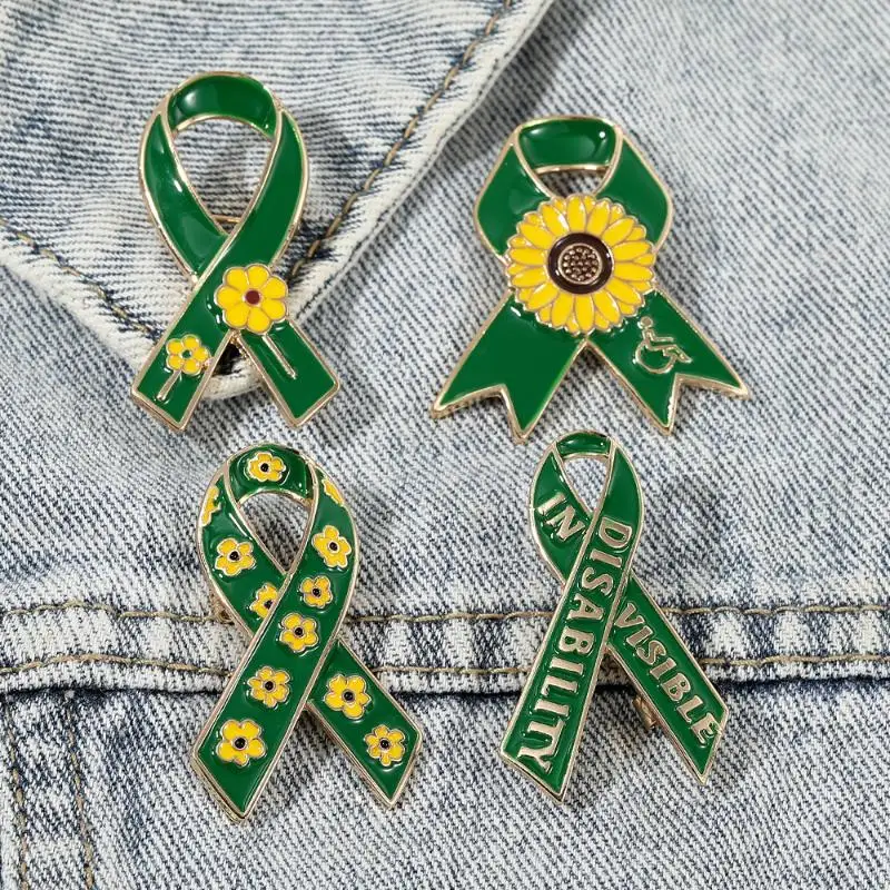 1pc Creative Sunflower Pattern Red Ribbon Theme Lapel Pins Green Disability In Visible Enamel Brooches For Disabled Person
