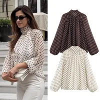 Femmes à pois imprimé Blouse décontracté col haut à manches longues dame haut Simple femmes Blouse femmes chemises et chemisiers 1
