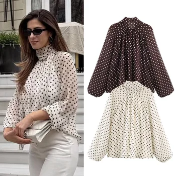 Women Polka Dot Print Blouse Casual High Collar Long Sleeve Lady Top Simple Women's Blouse Female Shirts & Blouses 1