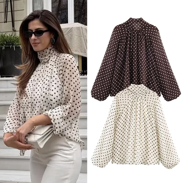 Femmes à pois imprimé Blouse décontracté col haut à manches longues dame haut Simple femmes Blouse femmes chemises et chemisiers 1