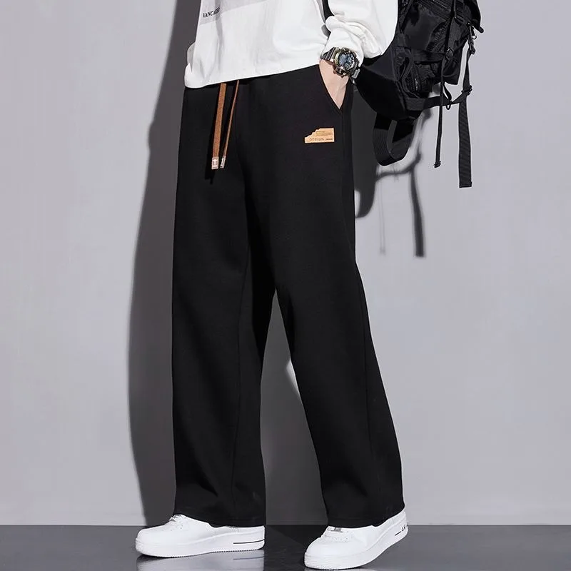Minimalist and Trendy Spring Autumn American Style Men's Solid Color Elastic Waist Drawstring Loose Long Wide Leg Casual Pants