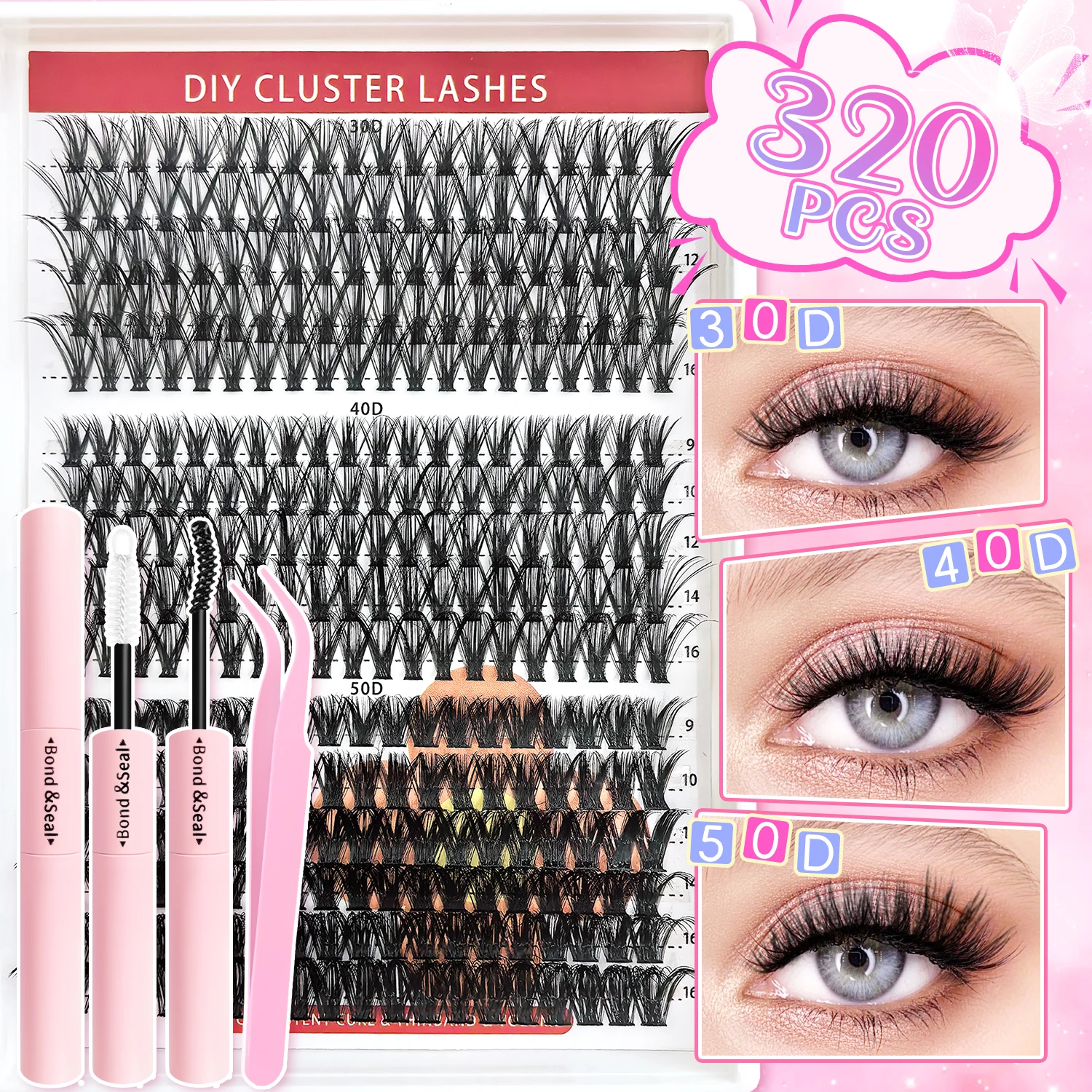 [Mix Length Lashes] 320/640 Cluster 30/40/50D Eylash Extension Kit Natural False Eyelash for Beginners