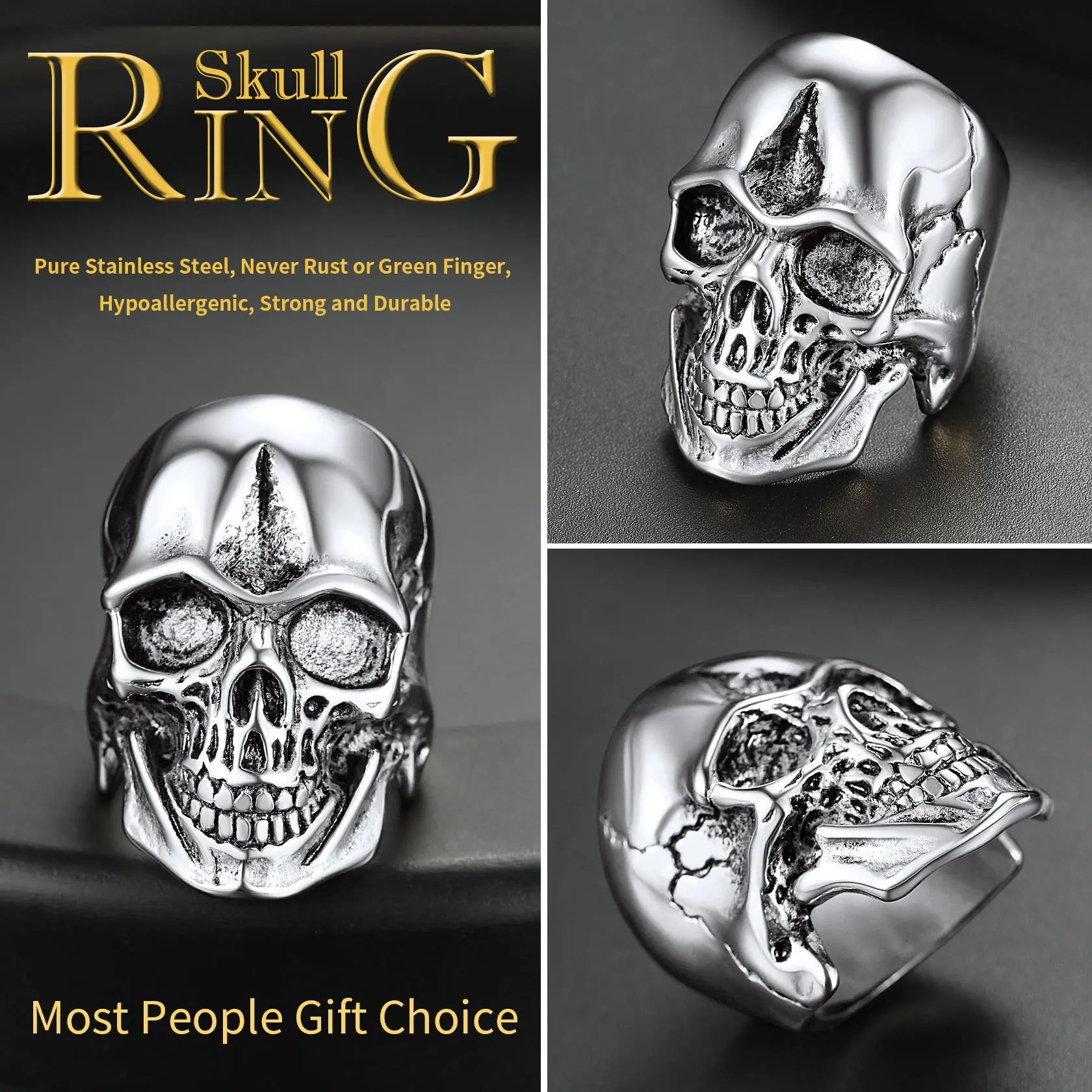 ChainsPro Gothic Skull Rings Stainless Steel 18K Gold Black Plated Band Skeleton Punk for Men Women Size 7-14 CP743