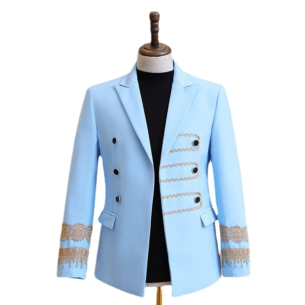 

Bar Male Singer Stage Performance Court Blazer Sky Blue Double Breasted Embroidery Decal Slim Tuxedo Banquet Host Suit Jackets