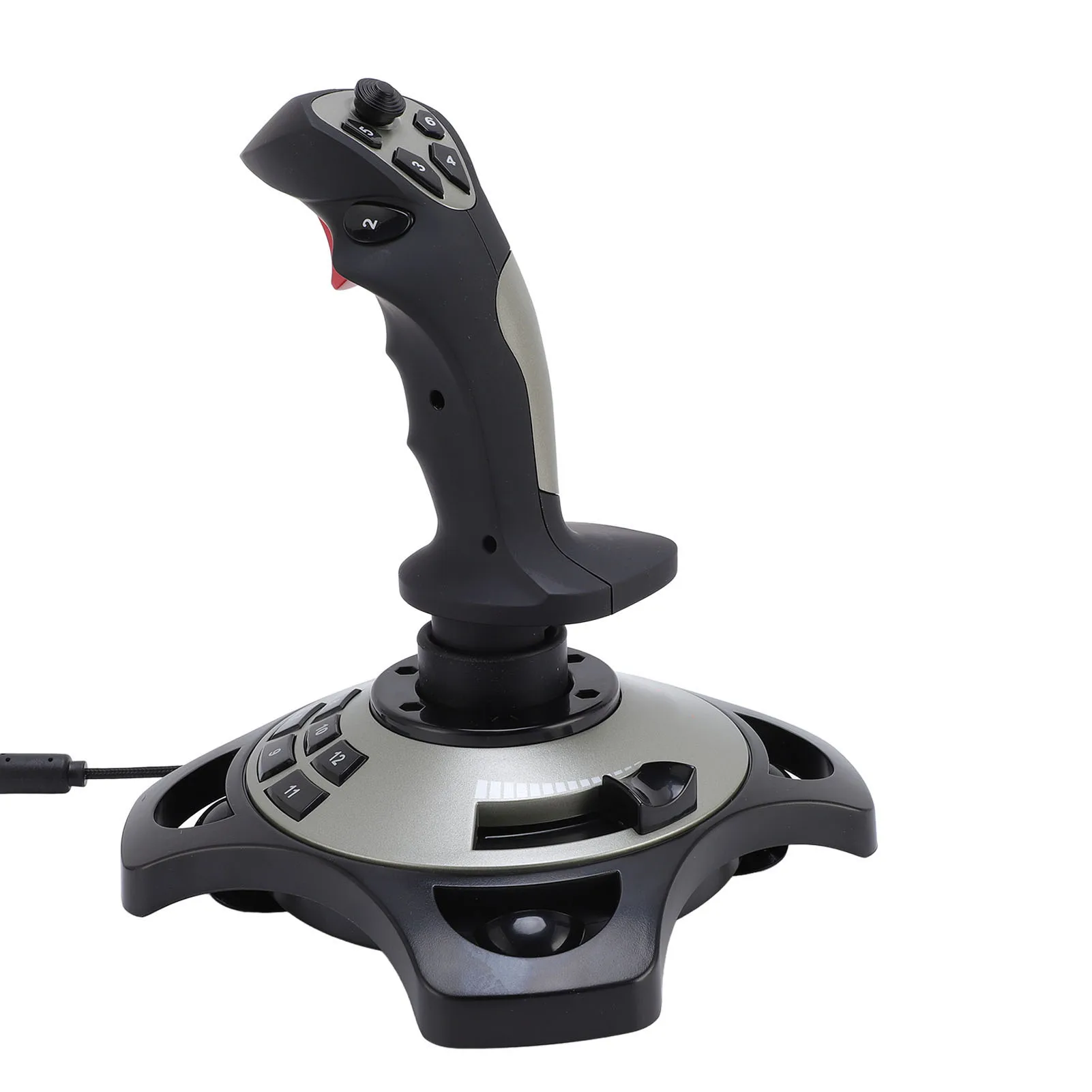 Vue du joystick simulateur vol avec accélérateur latéral et boutons lumineux, parfait pour jeux de vol
