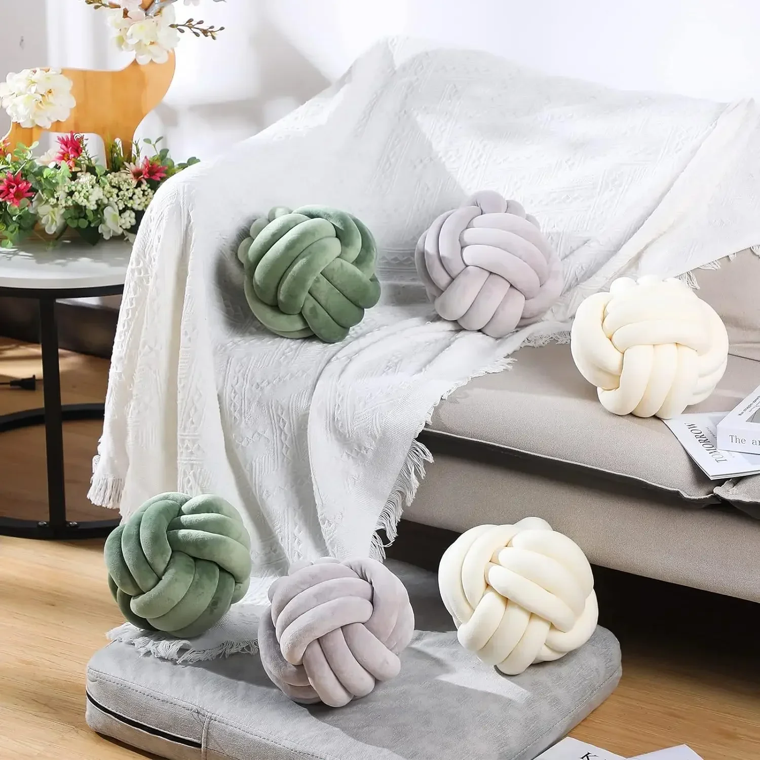 Throw Plush Floor Pillow Lumbar Aesthetic Cushion for Home Room Sofa Car Office Decor Knot Ball Pillow Round Decorative Pillow 5