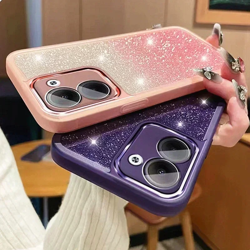 Glitter Gradient Soft Silicone Shockproof Phone Case with Lens Protector