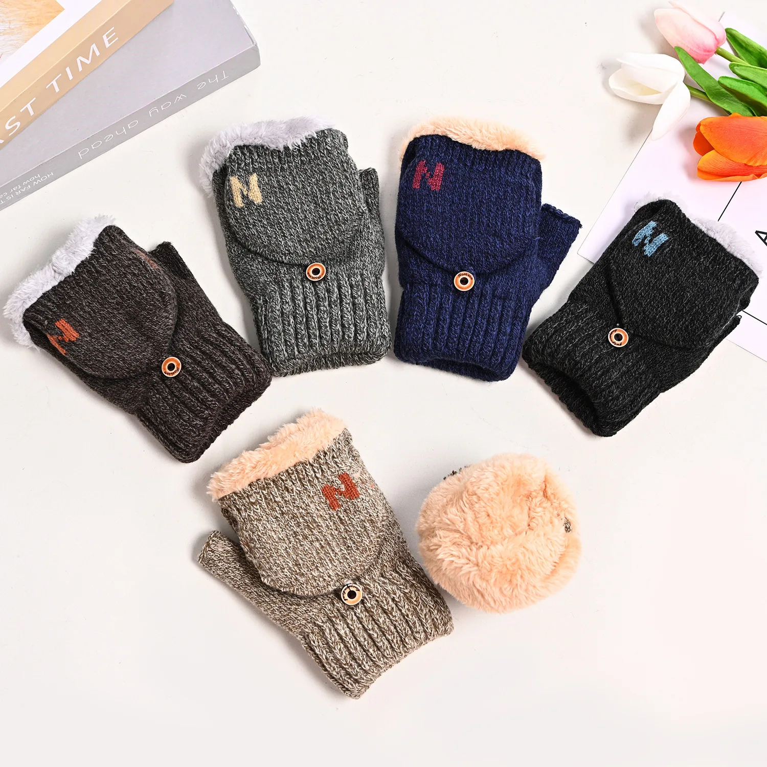 Fingerless Gloves Half Finger Gloves Warm Gloves Winter Wool Gloves Knitted Flip Exposed Finger Thick Women