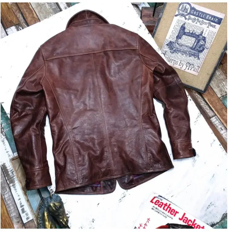 Description Picture 5 of itemYR!Free shipping.Vintage brown batik horsehide jacket.Classic safari style genuine leather coat.retro quality Trench