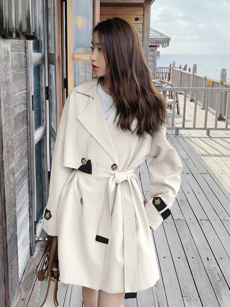 LANMREM Solid Color Trench Coat For Women Double Breasted A-line Windbreaker Long Sleeve Coat 2022 Spring Female Fashion 2N727 down parka women Coats & Jackets