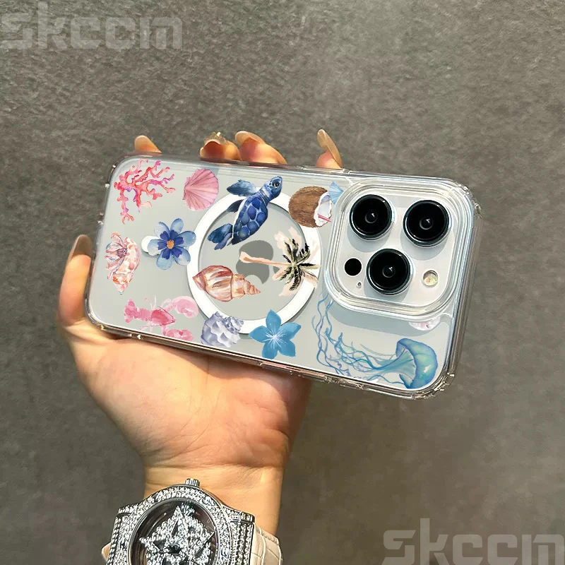 Ocean Life Theme Clear Phone Case with Magnetic Wireless Charging Cover