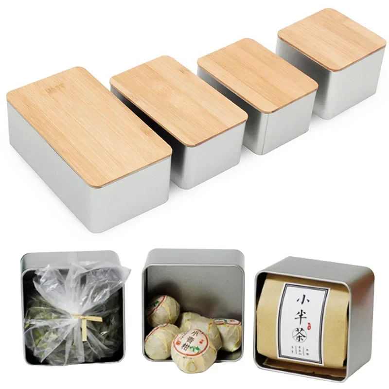 Empty Metal Tin Box With Wood Lid Small Vintage Candy Money Coin Key Pill Packaging Box Kitchen Food Containers Storage Boxes 6