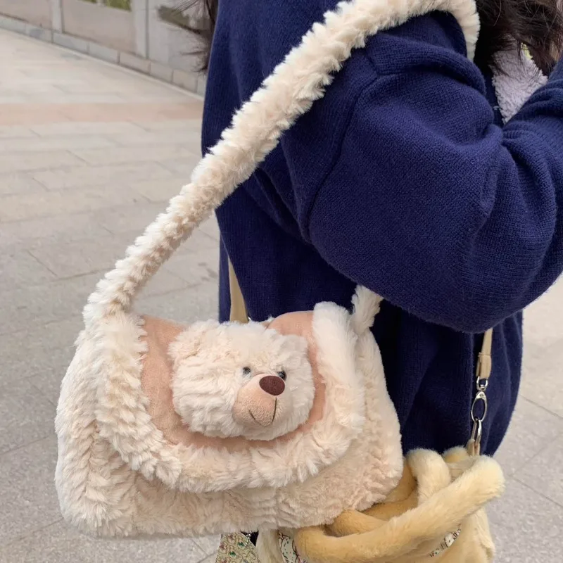 

MBTI Y2k Cute Womens Shoulder Bag Plush Autumn and Winter Kawaii Bear Small Crossbody Bag Vintage Lolita Fluffy Fashion Handbag