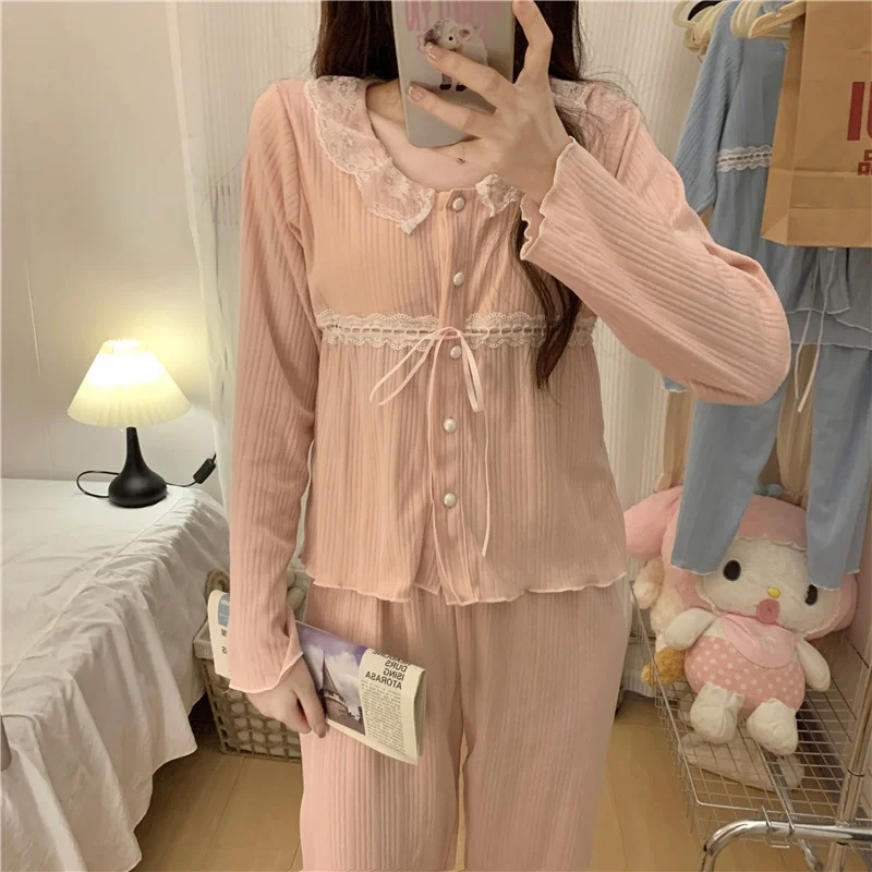 

Pajamas For Women Long-sleeved Cotton New Spring And Autumn Lace Sleepwear With Chest Pad Princess Style Sweet Pink Home Clothes