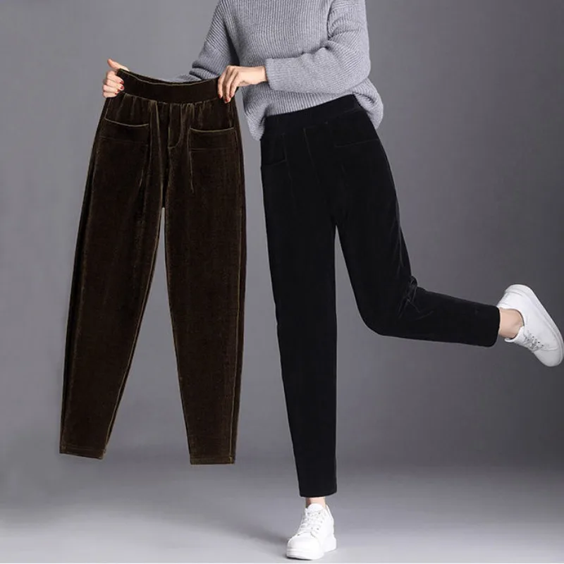 

Thick Plush Corduroy Casual Pants Women Warm Autumn Winter Trouser High Waist All-match Harem Pants Solid Color Trousers Q461