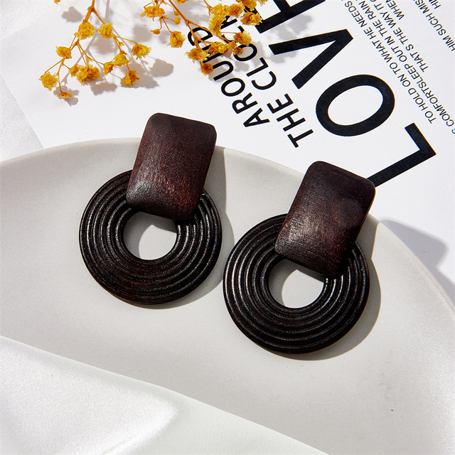 Ethnic Wooden Handmade Beaded Geometric Round Square Drop Earrings For Women Boho Style Accessories
