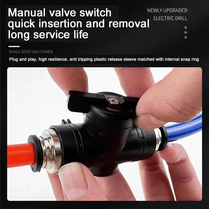 BUC Black Pneumatic Push In Quick Joint Connector Hand Valve-Turn Switch Manual Ball Current Limiting (4mm,6mm 8mm,10mm,12mm)