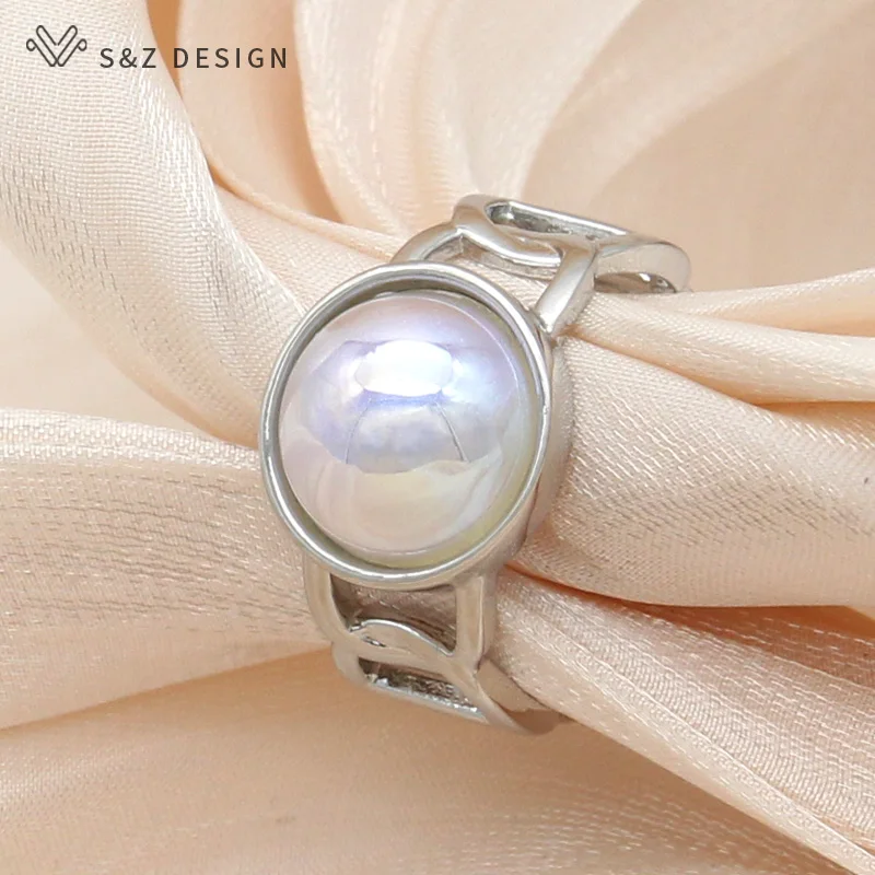S&Z DESIGN New Fashion 585 Rose Gold Color Round Simulated-pearl Resizable Rings For Women Girl Wedding Party Jewelry Gift