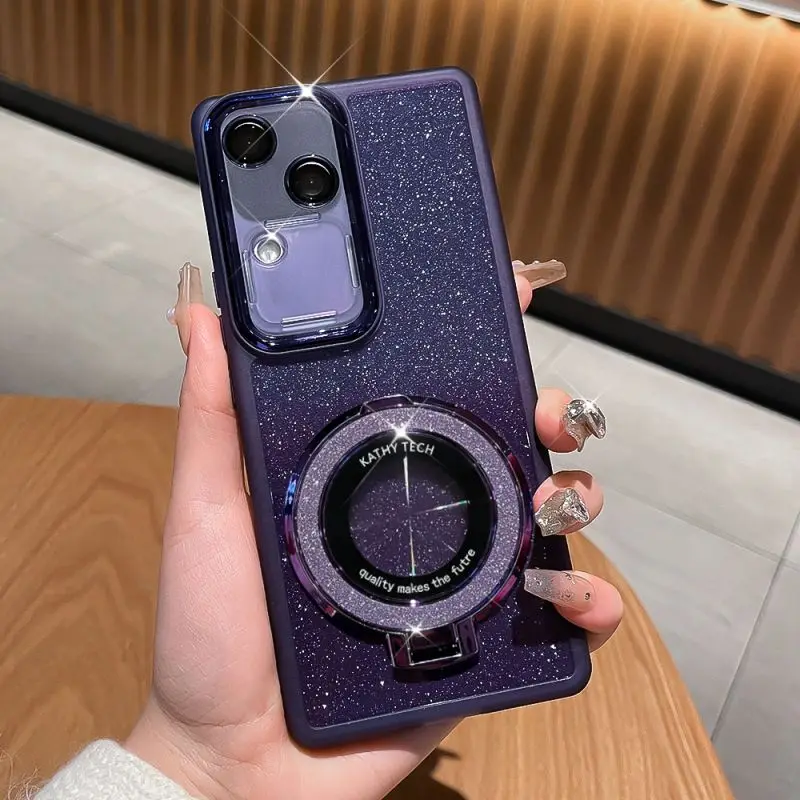 Glitter Ring Stand Protective Back Cover Case with Lens Guard