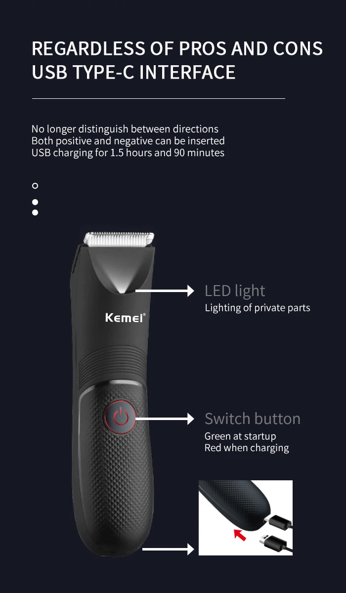 Kemei KM-1838 Intimbereich-Haarschneider Rasenmäher mit Keramikklinge Wasserdichter Nass-Trocken-Trimmer für Schamhaar, Achselhaar und Körperhaar Hygiene-Rasierer – Detail 6