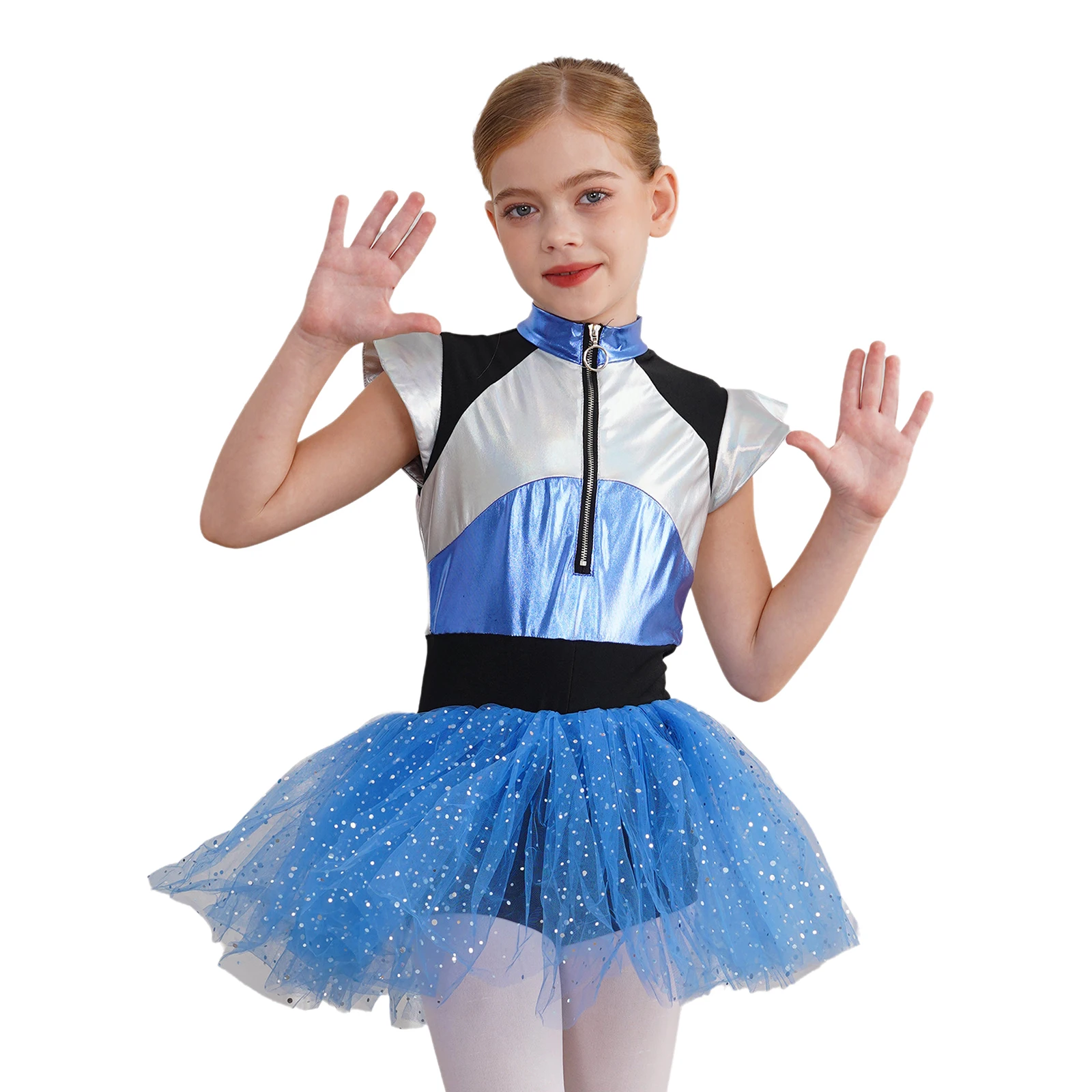 Kids Girls Cheerleader Alien Astronaut Costume Cheerleading Dress Shiny Spangles Tutu Dress Bodysuit Cosplay Performance Costume