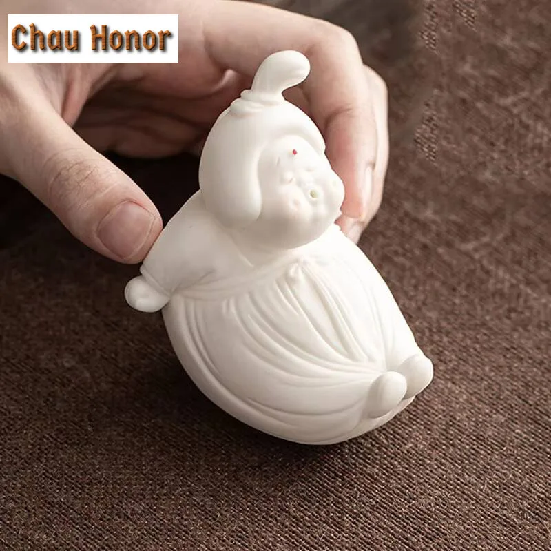 Exquisite White Porcelain Boutique Kiki Tea Pet Ornaments Handmade Sculpture Crafts Home Censer Teaware Decoration Accessories