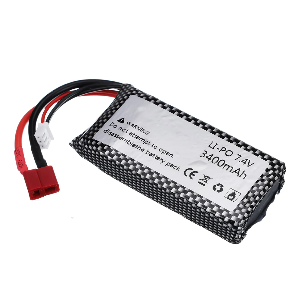 Lot de batteries LiPo 7.4V 3400mAh pour RC, disposées côte à côte sur une surface neutre.