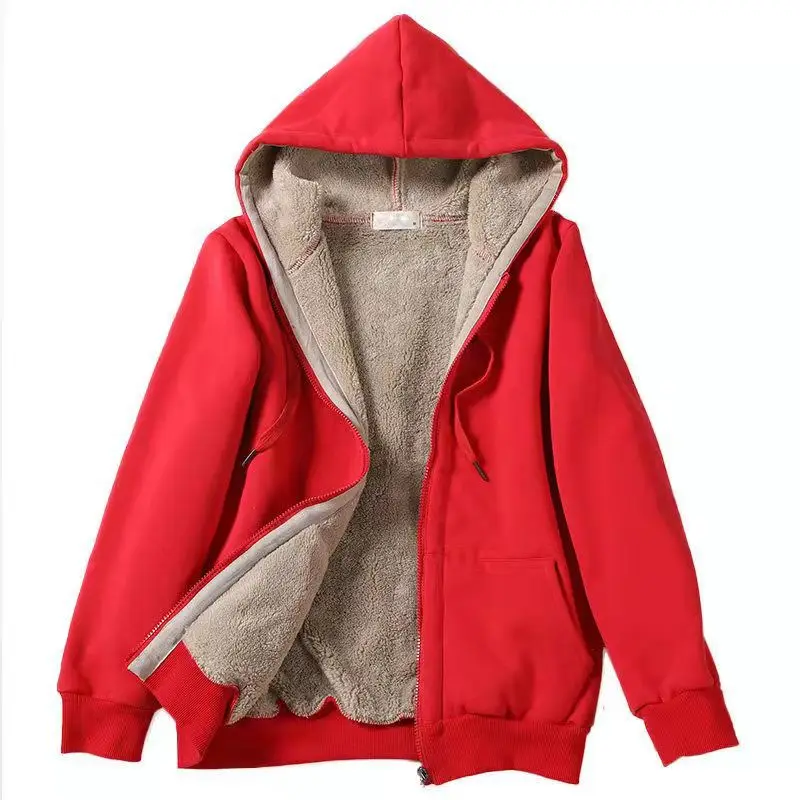 Winter Cashmere Women's Hoodie Tops Solid Plus Size Cotton Zipper Cardigan Cashmere Thickened Casual Coat Sweatshirt